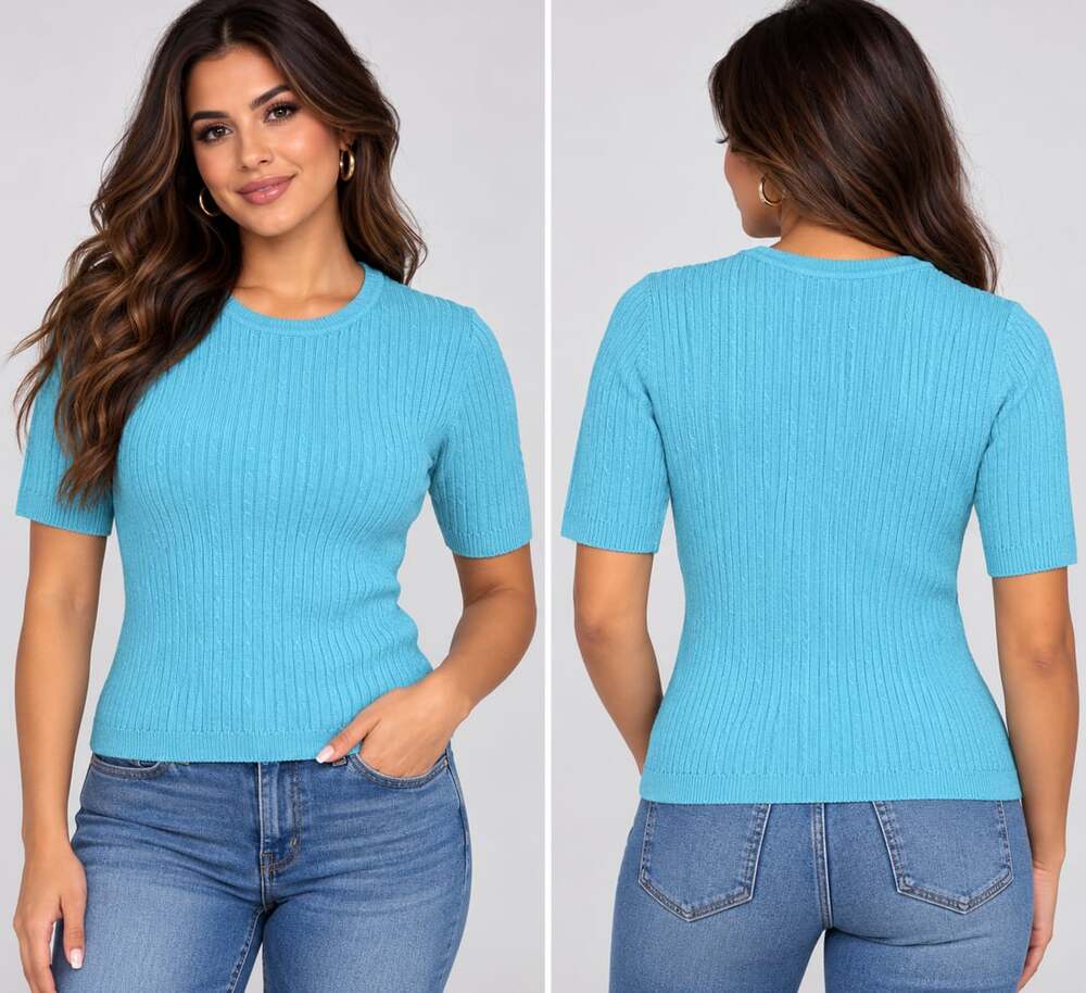Laura Scott Ribbed Short Sleeve Top Size S Blue Acrylic Cotton